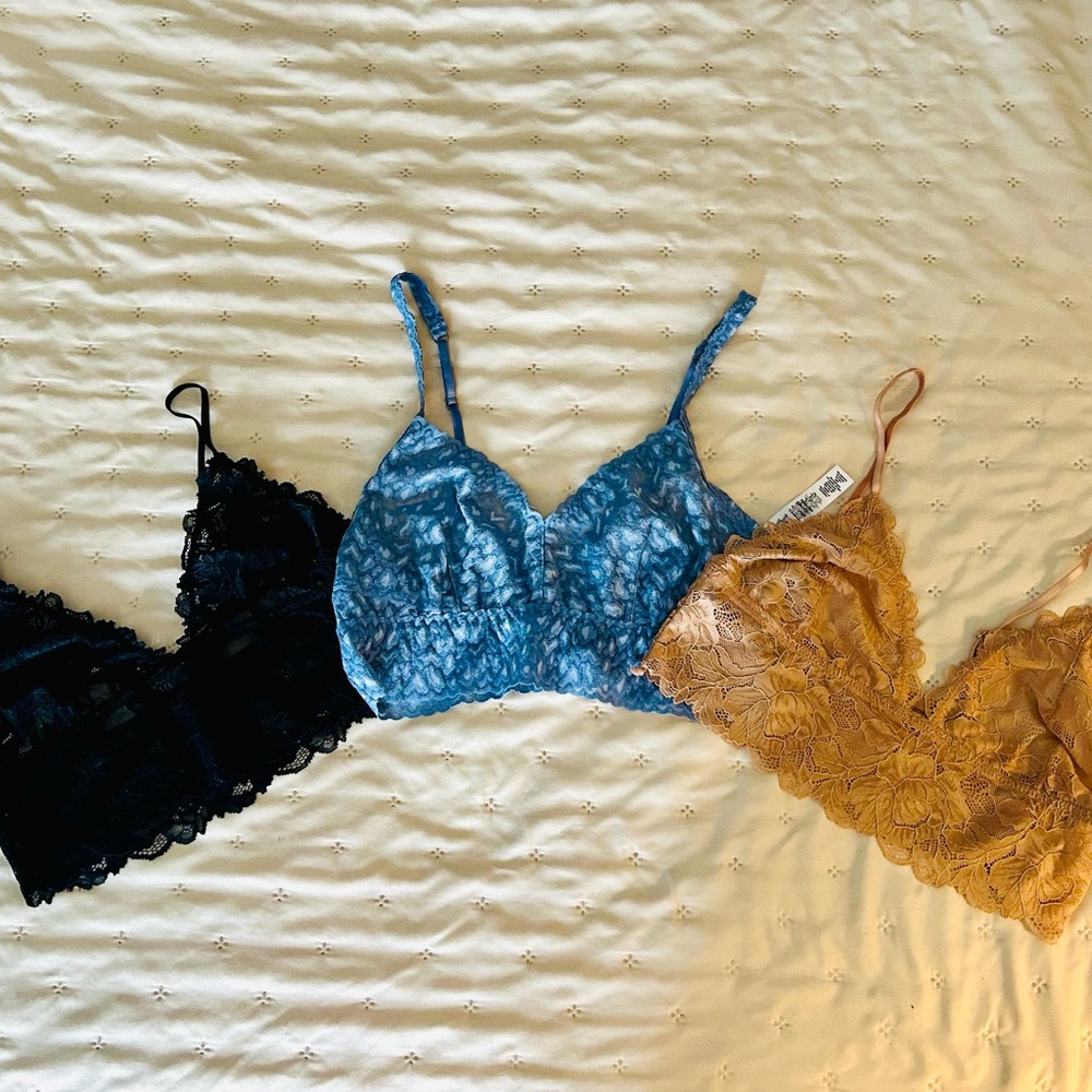 Intimately by Free People Lace Bralette Trio - Black, Blue, and Tan